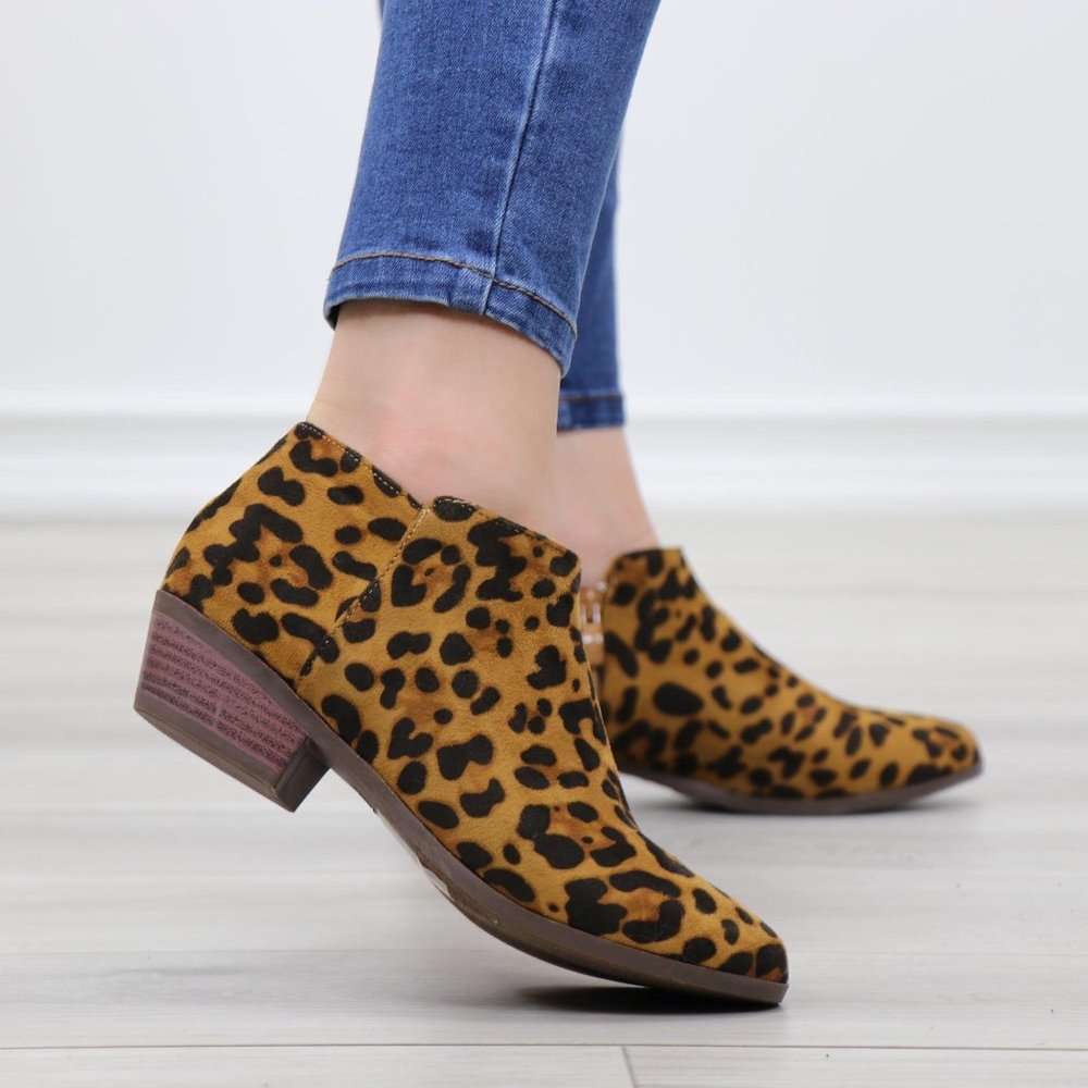 Faux Sude Leopard Low Heel Ankle Boots - Picture 5 of 13